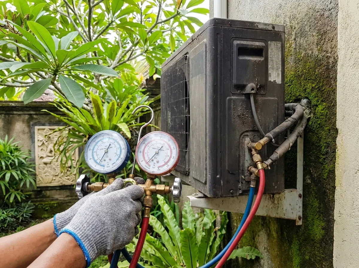Refrigerant manifold gauges connected to an outdoor AC unit in Bali